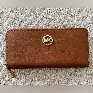 Michael Kors Zip Around Wallet in Luggage/Gold Textured Leather